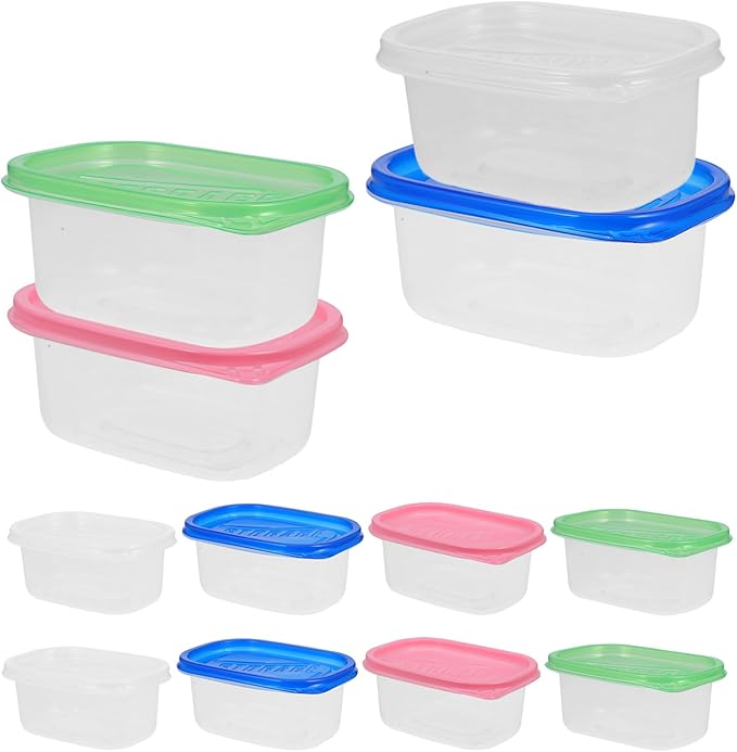Toyvian 12pcs Food Storage Containers with Lids Rectangular Plastic Lunch Boxes Disposable Food Container Kitchen Sealed Box for Fruit Cake 280ML (Green,Blue,Transparent,Pink)
