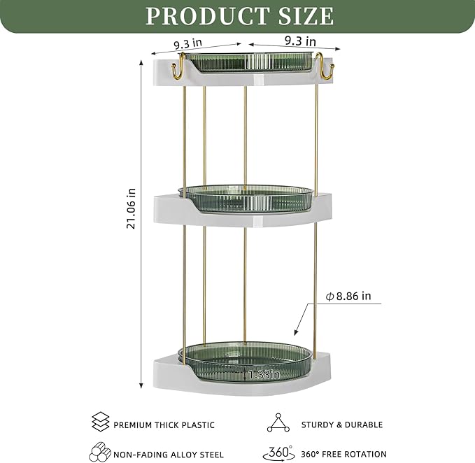 3 Pack Lazy Susan Turntable - Corner Spice Organizer for Cabinet - 9 Inch Rotating Condiment Rack Storage for Refrigerator, Pantry, Kitchen, Vanity, Bathroom Countertop (3 Tier-Green)