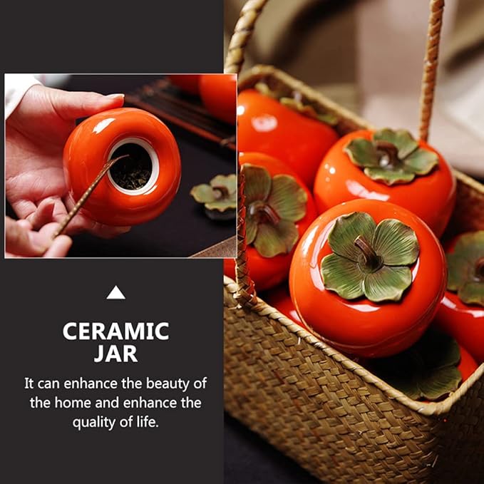 jojofuny 2pcs Ceramic Tea Jar Persimmon Shape Tea Tins Containers with Leaf Lids Orange Ornament Porcelain Tea Pot Food Storage Jar for Table Decoration Orange 200ml