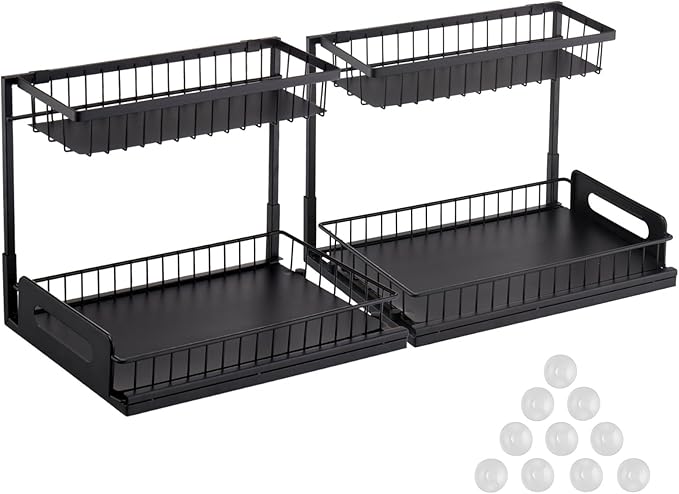 VEVOR 2 Tier Pull Out Cabinet Organizer(10.7"W x 14.2"D ), Under Sink Organizer and Storage, Slide Out Drawer Cabinet Organizer, Wire Basket Sliding Shelf for Kitchen Bathroom Cabinet, Black (2 Pack)