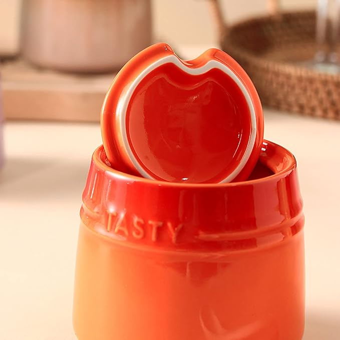 2pcs Salt Cellar Set, Ceramic Salt Cellar With Lid & Spoon,Sugar Bowl,Salt and Pepper Shaker Set Spice Jars for Kitchen Storage(Orange Yellow)