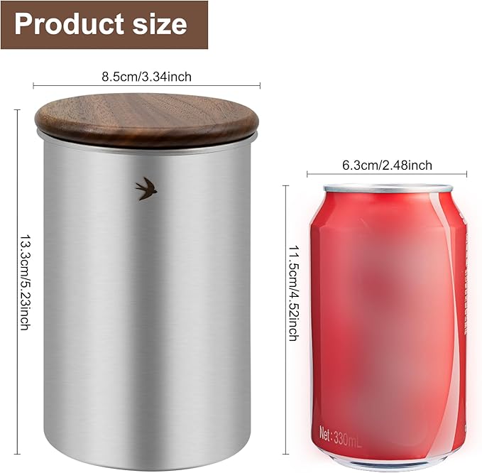 Food Storage Jar Canister with Airtight Walnut Wood Lid Elegant Design Stainless Steel Canister for Tea Coffee Sugar Spice Nuts Snacks Seasonings Storage Jar Caddy (19oz Natural)