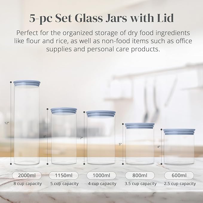 5-Piece Glass Storage Containers With Lids | Food Grade Safe Airtight Snack Containers, Pantry Organizers and Kitchen Storage with Colorful Bamboo Lids for Pasta, Oats, Coffee & Sugar
