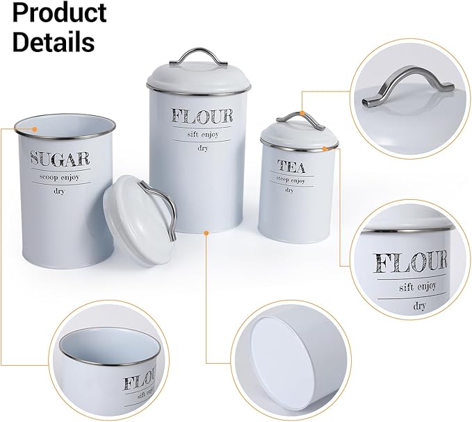 GarveeHome 3 Pcs Flour Sugar Tea Canister Set, Vintage Food Sealed Storage Jars with Airtight Lids, Rustic Metal Kitchen Canisters Set for Flour, Sugar, Tea, for Countertop Farmhouse Decor, White