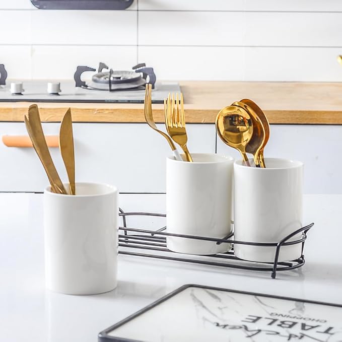 3-Piece White Ceramic Silverware Caddy with Black Metal Rack, Utensil Holder Flatware Caddy Cutlery Storage Organizer for Kitchen Table (White+Black)