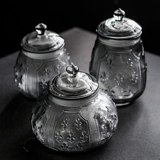Vintage Crystal Relief Glass Candy Dish With Airtight Lid For Food Storage,Candy Jars With Lids,Kitchen Glass Container Jars For Cookie Cereal Nuts Candy Cookies Coffee Tea,Household,Office,Gift, Gray