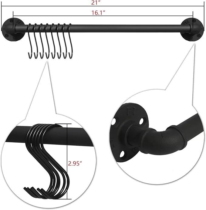 21 inch Pot Pan Bar Rack Wall Mounted Set of 2 with 16 Hooks Industrial Pipe Pot Hanger Rustic Iron Pan Hanging Rail Pipe Towel Holder Kitchen Utensil Organizer Black