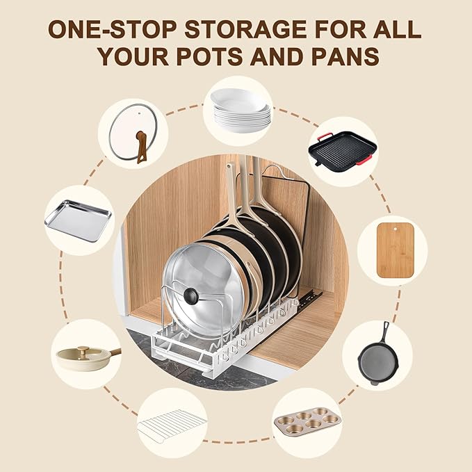 Pull Out Pots And Pans Organizer Under Cabinet,Pot Organizers Inside Cabinet,Pot Lid Holders & Pan Rack With Drain Tray,10 Adjustable Dividers(White)