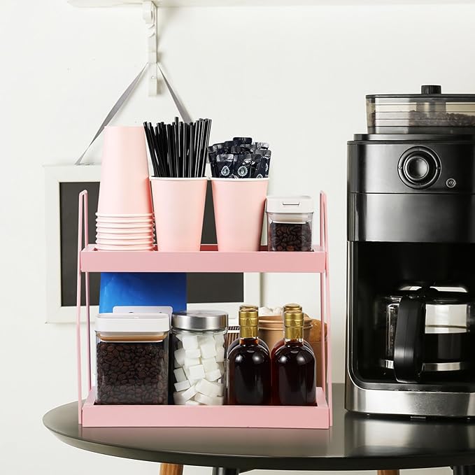 Countertop Coffee Station Organizer, 2 Tier Pink Wooden Shelf for Coffee Bar Accessories, Condiment Storage Caddy for Kitchen, Bathroom, Office