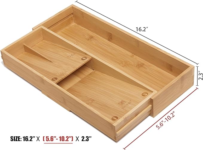 Bamboo Kitchen Drawer Organizer, Silverware Organizer Expandable Utensil Holder with Removable Knife Block, Cutlery Tray with Drawer Dividers for Kitchen Utensils and Flatware