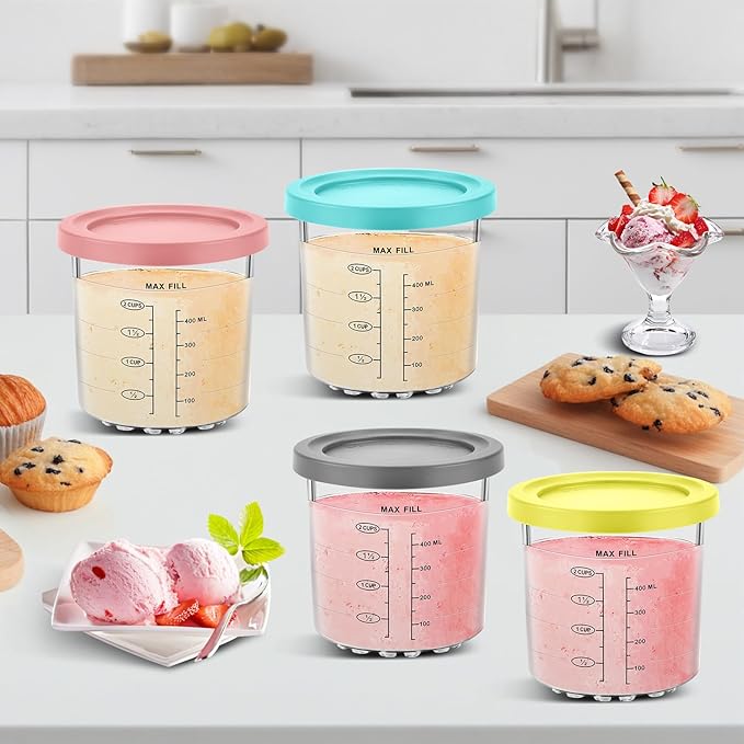 Containers Replacement for Ninja Creami - 4 Pack 16oz Pints and Lids, Compatible with NC301 Series Ice Cream Makers, Upgraded Design with Measurement Scale, BPA-Free & Dishwasher Safe