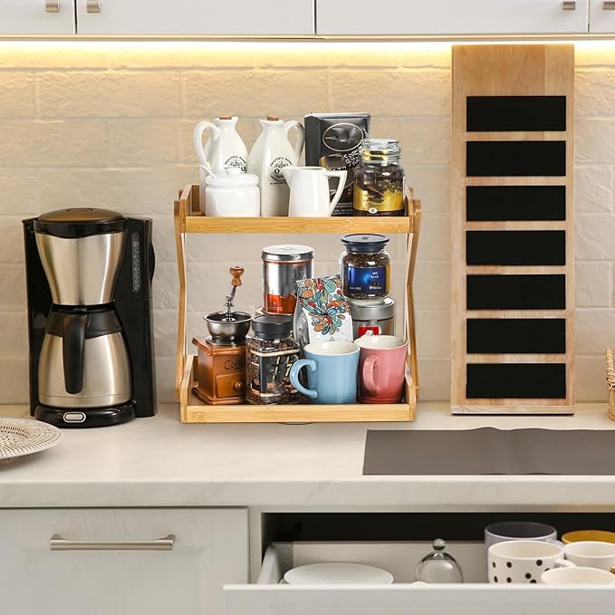 AVLA 2-Tier Coffee Station Organizer, Bamboo Kitchen Counter Shelf, Countertop Spice Condiment Rack Syrup Storage Holder, Tea Station Stand for Coffee Bar Accessories, Office, Home, Desktop