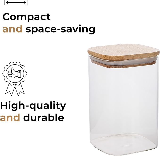 32oz Square Borosilicate Glass Canister With Bamboo Lid, Airtight Pantry Storage Jar Containers Ideal for Rice, Candy, Sugar, Flour, Nuts, Cookies and Coffee Beans (4 Pack)
