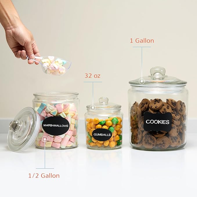 KooK Glass Storage Containers with Lids, 1/2 Gallon, Set of 2, Glass Kitchen Jars, Food & Cookie Storage Containers for Pantry, Bathroom Apothecary Canisters, Dishwasher Safe, Chalk, Label, Scoops