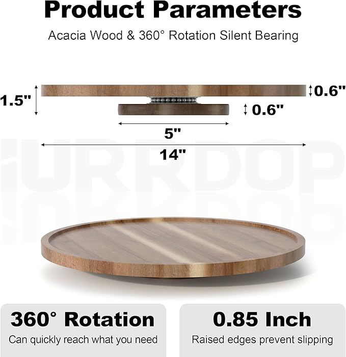 14 inch Wooden Lazy Susan Turntable, Acacia Wood Spinning Organizer for Dining Table, Cabinet, Fridge, countertop, Pantry