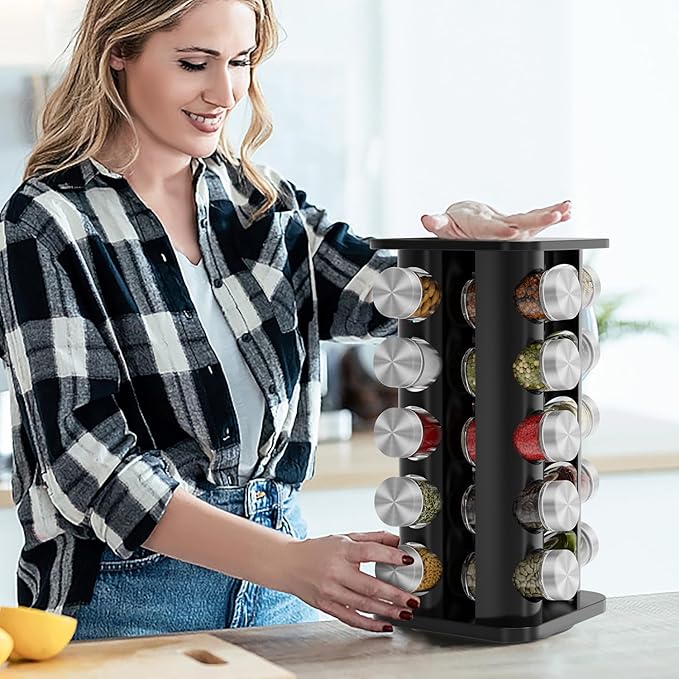 Rotating Spice Rack Organizer, Spice Tower for Countertop, Revolving Spice Rack Set for Cabinet, Black Steel Kitchen Seasoning Organizer with 20 Jars and Funnel Square-round