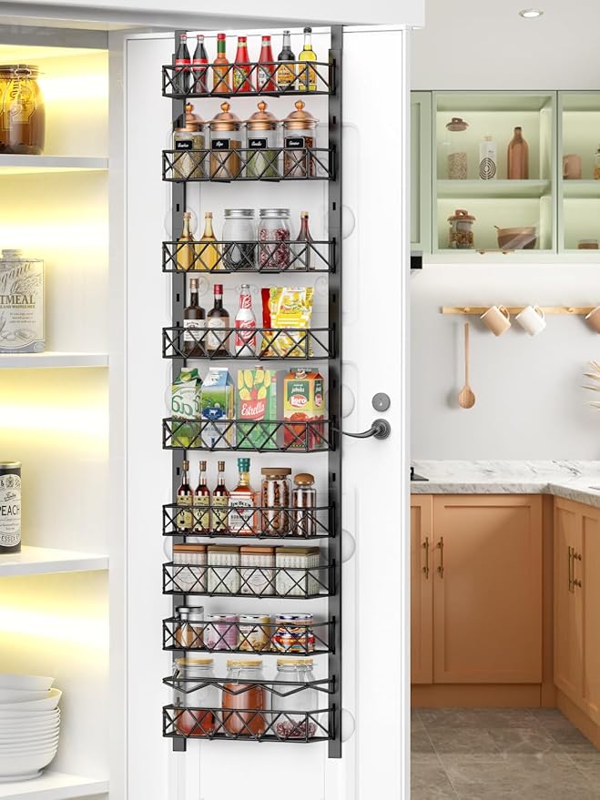 Over the Door Pantry Organizer, 9-Tier Pantry Door Organizer with Adjustable Basket, Metal Spice Rack Storage for Kitchen Pantry Black