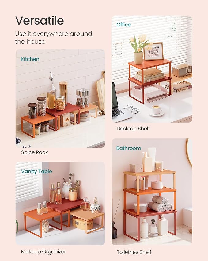 SONGMICS Cabinet Organizer Shelf, Set of 3 Kitchen Counter Shelves, Kitchen Storage, Spice Rack, Stackable, Expandable, Apricot Orange UKCS220Y01
