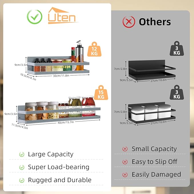 Uten Large Spice Rack for Refrigerator, 2 Pack Strong Magnetic Shelves, Moveable Fridge Organizer, Perfect Space Saver