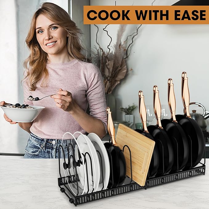 Pots and Pans Organizer, Expandable Rack with 11 Dividers for Bakeware and Lid Storage (Black)