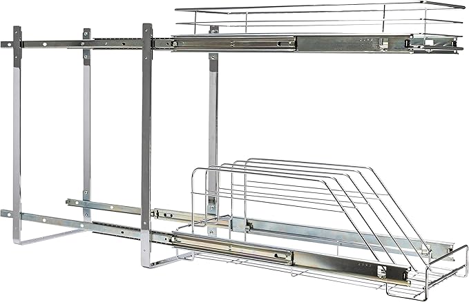 Household Essentials Glidez Multipurpose Chrome-Plated Steel Pull-Out/Slide-Out Dual-Sliding Storage Organizer for Cookware and Bakeware - 2-Tier Design - Fits Standard Size Cabinet or Shelf, Chrome