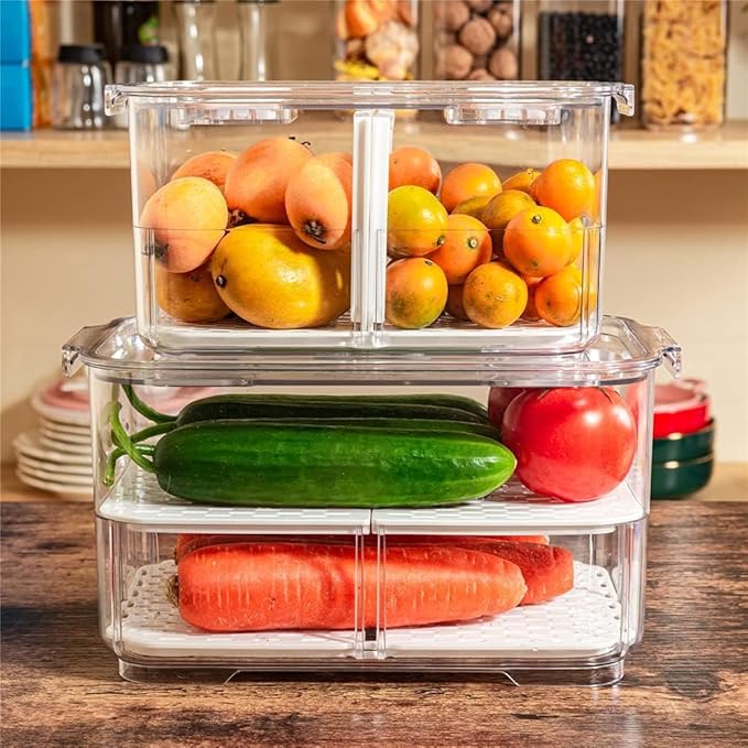 Refrigerator Organizer Bins, Stackable Freezer Lettuce Keeper with Lids and Removable Drain Tray Food Storage Containers for Fridge Freezer Cabinet Kitchen Organization - 4 Pack