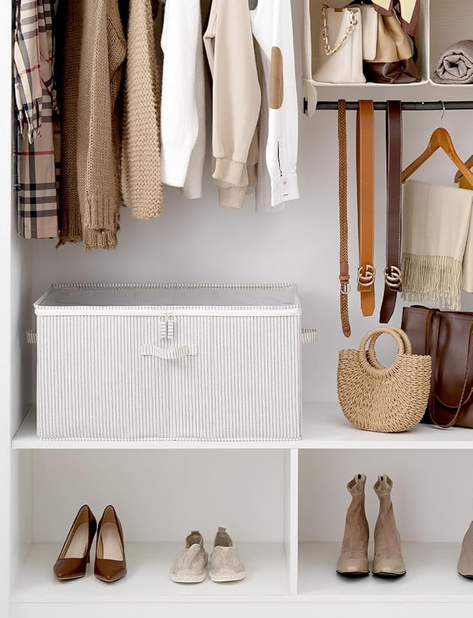 StorageWorks Shoe Organizer for Closet, Fits up to 24 Pairs, Shoe Cubby Storage Containers with Adjustable Dividers and Clear Cover, Gray and White Stripes