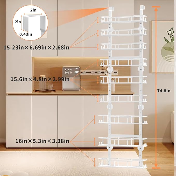 Over The Door Pantry Organizer, 9-Tier Over The Door Organizer with Adjustable Baskets, Metal Hanging Spice Rack for Pantry Organizers and Storage, Suitable for Kitchen Laundry Room & Bathroom, White