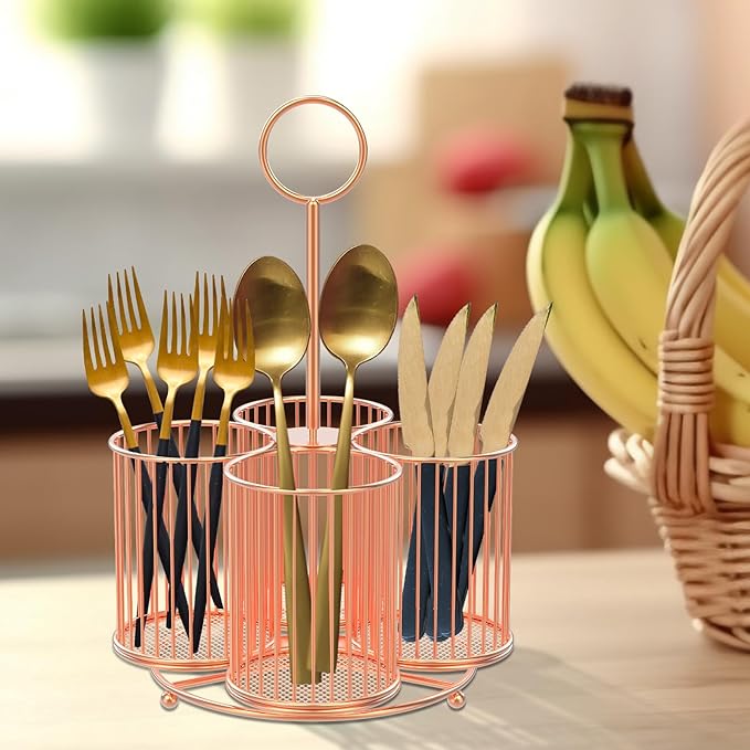 360° Rotating Utensil Caddy 4 Compartment Metal Utensil Organizer with Handle 6.3×6.3×11 Inch Kitchen Utensil Caddy Multifunctional Cutlery Storage Holder Portable Flatware Organizer for Home Party US
