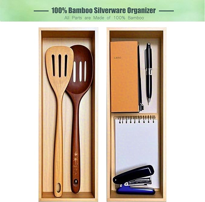 Set of 2 Bamboo Drawer Organizer, Stackable Utensil Organizer for Kitchen, Bamboo Storage Box Wood Silverware Tray for Drawer