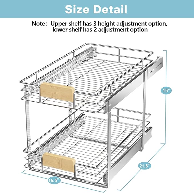 LOVMOR 2 Tier Pull Out Cabinet Organizer 16½" W x 21½" D, Slide Out Drawers with Wooden Handle, Sliding Shelves Organization and Storage for Kitchen, Pantry