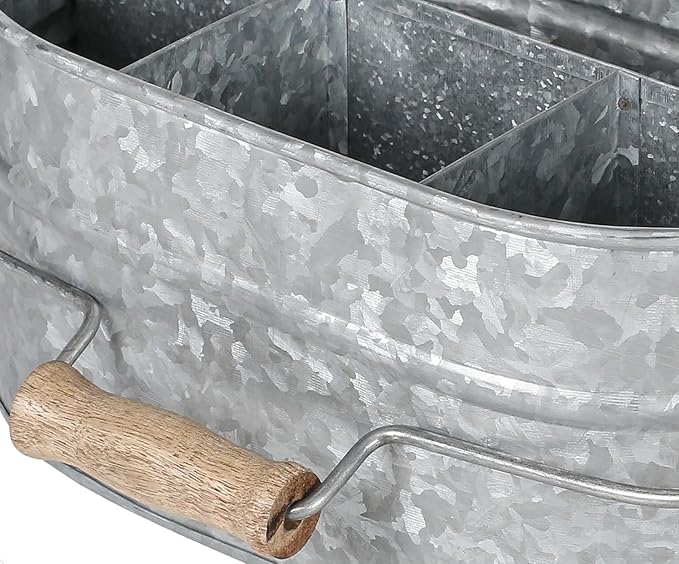 Alpha Living Home - Galvanized Metal Utensil Caddy – Rustic Farmhouse Organizer for Kitchen, Buffet & Outdoor Events, 13.5"x10"x5.5" with Removable Handle & Multi-Compartment Storage