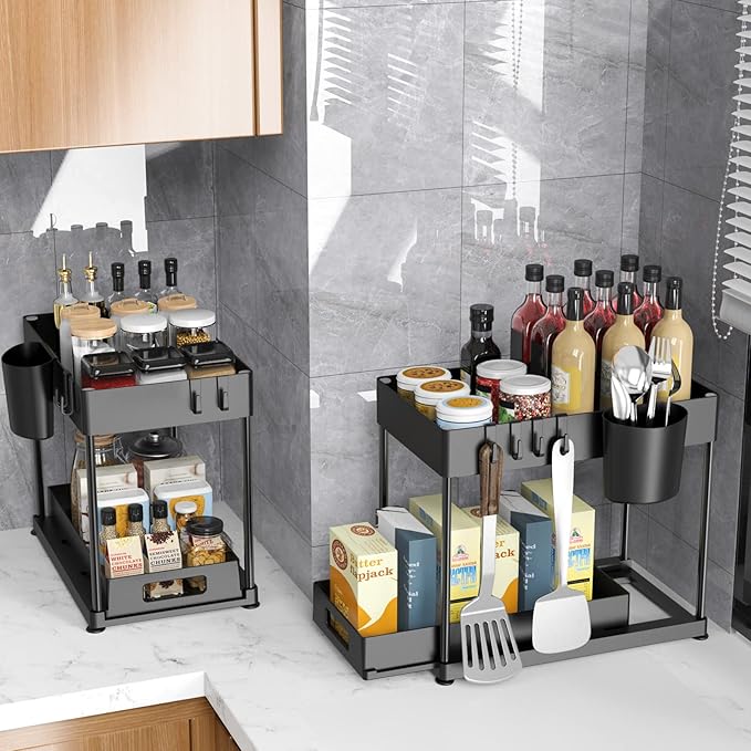 Under Sink Organizers and Storage, 2 Pack Large Capacity Heavy Load Pull-out Under Sink Shelves with Sliding Drawer for Kitchen and Bathroom, Black, 12 x 8.7 x 15.7 inch