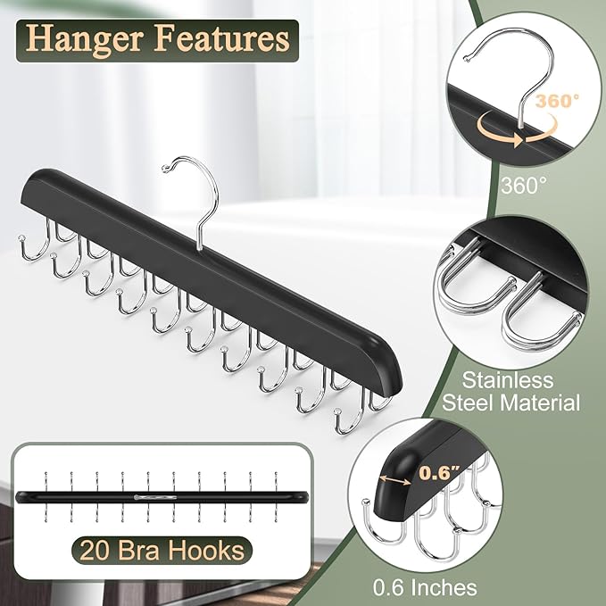 2 Pack Bra Hangers for Closet Organizer, Round Rectangle Bra Organizer with 40 Stainless Steel Hooks, Wooden Tank Top Hanger, Closet Organizers and Storage for Bras Camis Belts Ties, Black