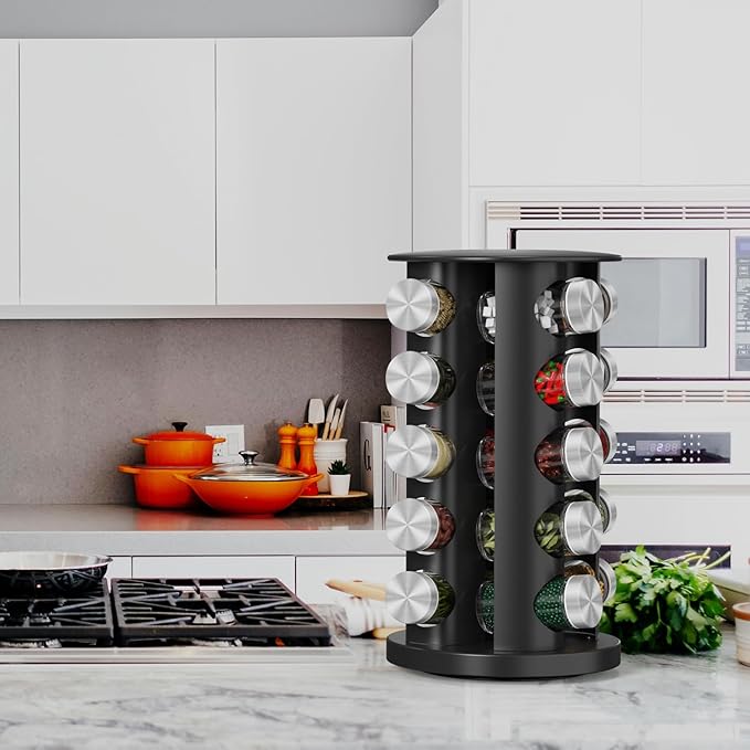 Rotating Spice Rack Organizer, Spice Tower for Countertop, Revolving Spice Rack Set for Cabinet, Black Steel Kitchen Seasoning Organizer with 20 Jars and Funnel