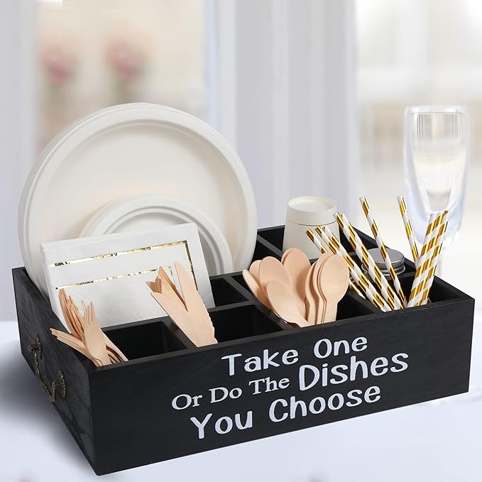 Large Paper Plate Holder Utensil Caddy Organizer for Countertop, Kitchen Silverware Caddy Holder for Cups, Forks, Spoons, Plates, Napkins, Wood Utensil Holder Paper Plate Dispenser for Party Picnic