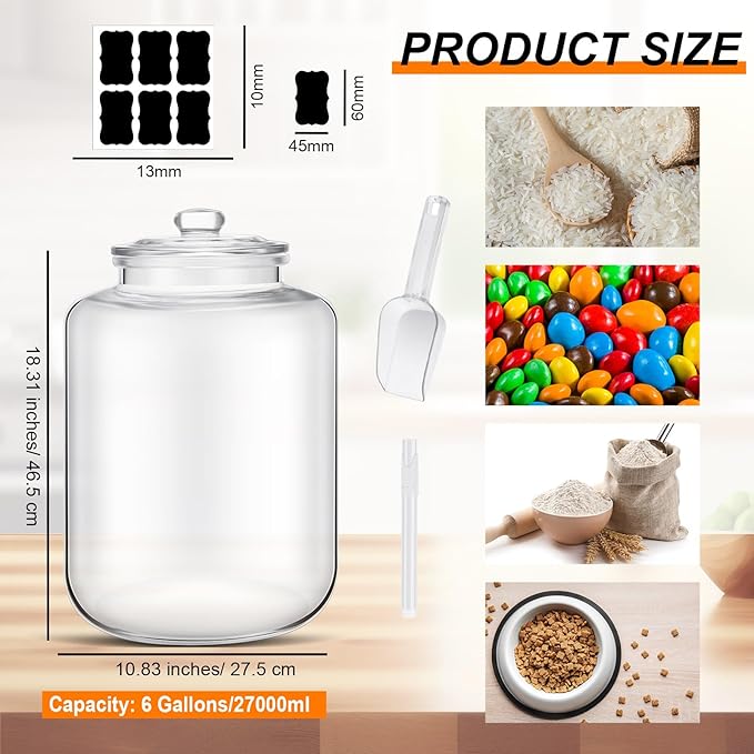 Yaomiao 6 Gallon Glass Jar with Lid Large Cookie Jar Big Opening Airtight Food Storage Canister Canning Pot for Flour Sugar Dog Treat Pasta Candy Glass Containers with Lids for Kitchen