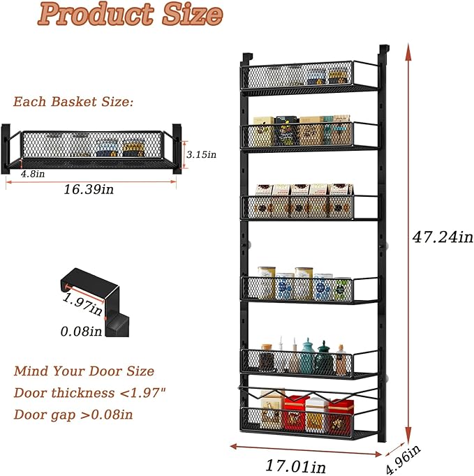 Over The Door Pantry Organizer, 6-Tier Pantry Organization and Storage,Adjustable Hanging Spice Rack Shelves, Cabinet Door Organizer for Easy Install, Home & Kitchen Essentials, Black