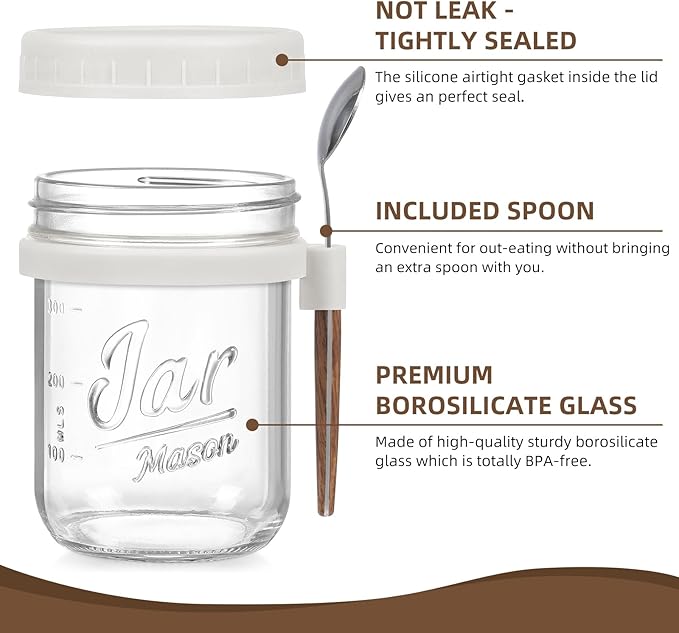 LANDNEOO 6 Pack Overnight Oats Containers with Lids and Spoons, 16 oz Glass Mason Overnight Oats Jars, Large Capacity Airtight Jars for Milk, Cereal, Fruit(White)