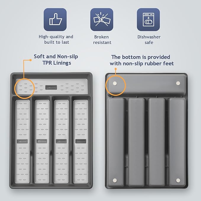 Silverware Organizer with Cutlery Icons,Silverware Tray for Kitchen Drawer,Flatware Tableware Cultery Drawer Organizer Utensil Organizer with Non-slip TPR Linings,Kitchen Organization Essentials