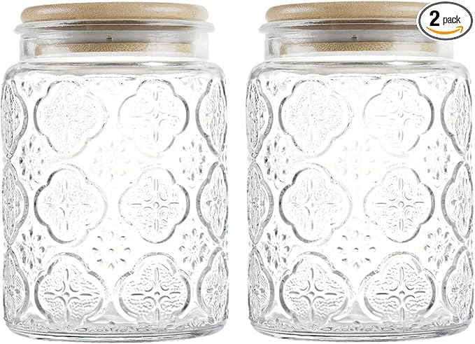 Glass Storage Jars With Airtight Lid, 23.7oz Canister For Kitchen Counter with Bamboo Lid, brown sugar, candy, coffee, cookie, salt, tea,pantry cute Jar (Begonia Flowers*2)