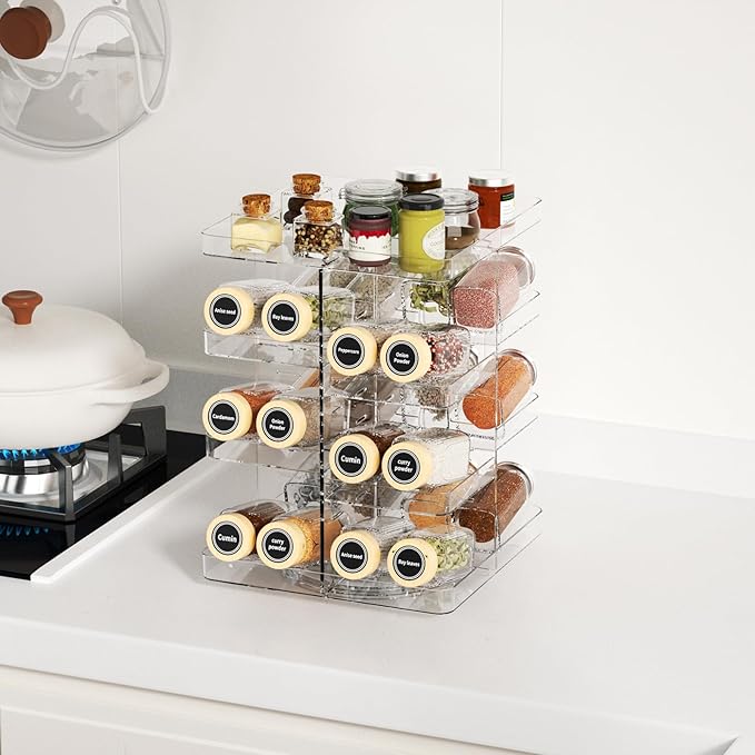 Revolving Spice Rack Organizer for Cabinet, DIY Adjustable 8 Tier Clear Rotating Spice Shelf Countertop, Space Saving Lazy Susan Seasoning Organizer for Kitchen, Pantry Cupboard Storage Turntable