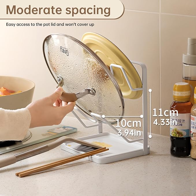 Pot Lid Holder, 2 Tier Pan Lid Holders While Cooking, Lid and Spoon Rest for Kitchen Counter, Pot Lid Organizer Stand with Drip Tray, Pot Lid Rack Kitchen Utensil Holder Rest, White
