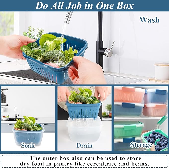 shopwithgreen 50oz Berry Keeper Fruit Storage Container for Fridge, Fresh Food Produce Saver Containers with Removable Drain Colanders and Lid, Vegetable Lettuce Keeper Bowl for Refrigerator Organizer