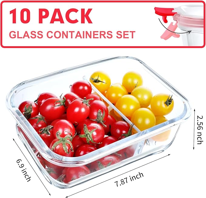 VERONES 10 Pack Glass Meal Prep Containers 2 Compartment Set, 36OZ Airtight Glass Lunch Containers, Glass Food Storage Containers with Lids, for Microwave, Oven, Freezer & Dishwasher Friendly,Red