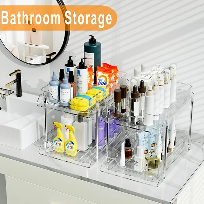 JLKDQ 2 Pack Bathroom Under Sink Organizers and Storage, 2-Tier Pull Out Medicine Cabinet Organizing- Kitchen, Pantry, Medicine Storage Bins, Vanity Makeup.(Clear,10.63" L x 8.0" W x 8.46" H).
