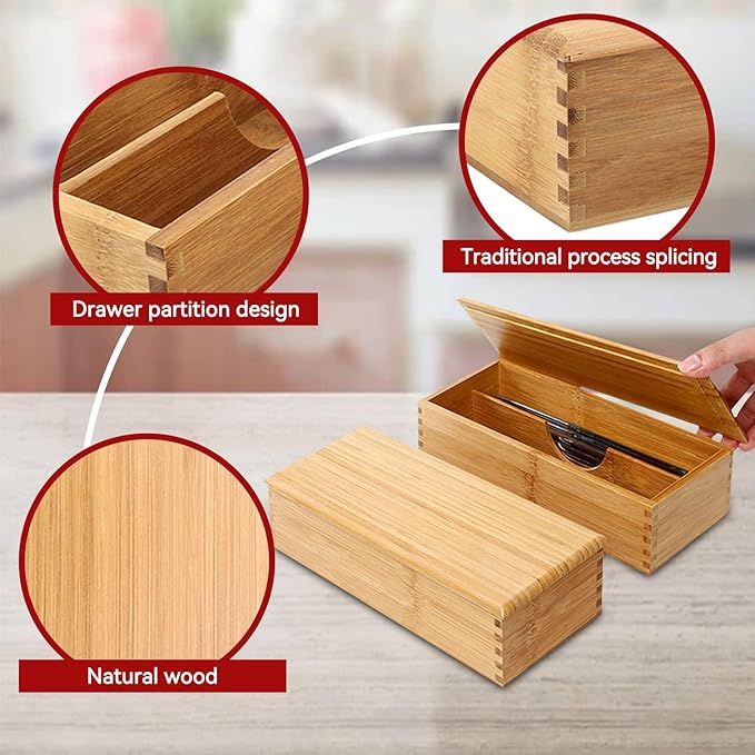 Cyrank Wooden Cutlery Box with Lid, Small Drawer Organizer Kitchen, Cutlery Organizer in Drawer for Spoon Utensil Chopsticks Box for Kitchen Countertop, 10.6x4.3x2.5inch