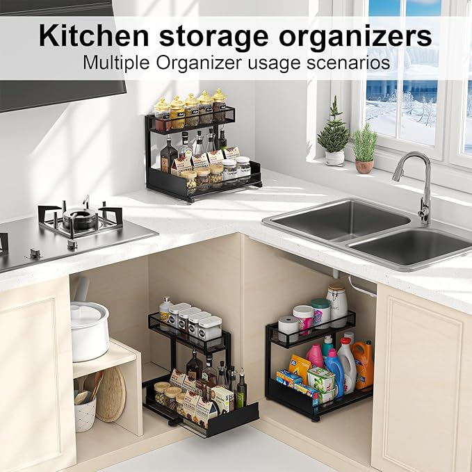 2 Pack Under Sink Organizer and Storage, 2 Tier Pull Out Cabinet Organizer, Slide Out Under Sink Storage Shelf, Undersink Organizers Shelves for Kitchen Bathroom Pantry Organization (Black)