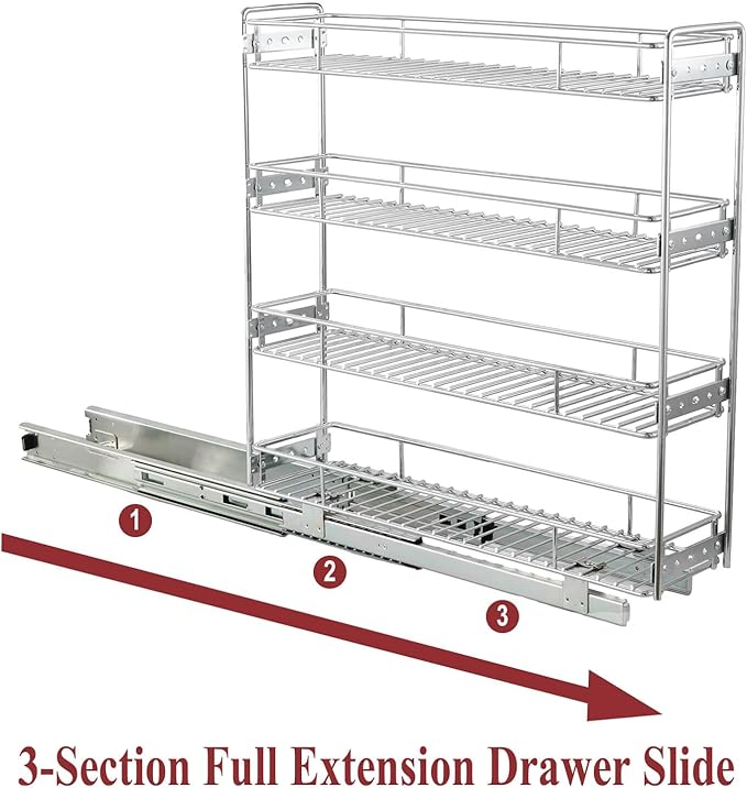 OCG 4-Tier Pull Out Kitchen Cabinet Spice Rack Holder Shelves (5" W x 21" D), Slide Out Slim Storage Wire Baskets for Storage Organization, Narrow Pull Out Storage for Narrow Space