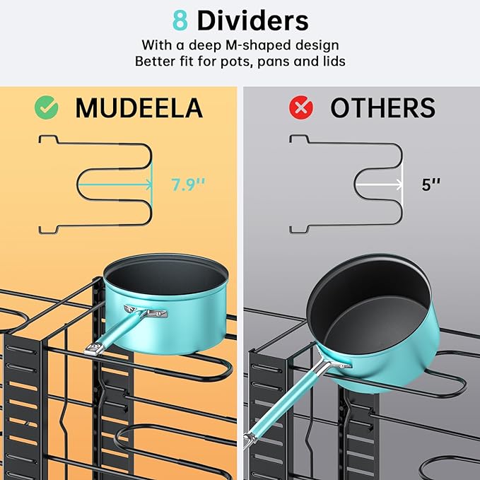 MUDEELA Pots and Pans Organizer Rack under Cabinet with 3 DIY Methods, Adjustable Pot Pan Rack with 8 Tiers for Kitchen Cabinet Organizers and Storage